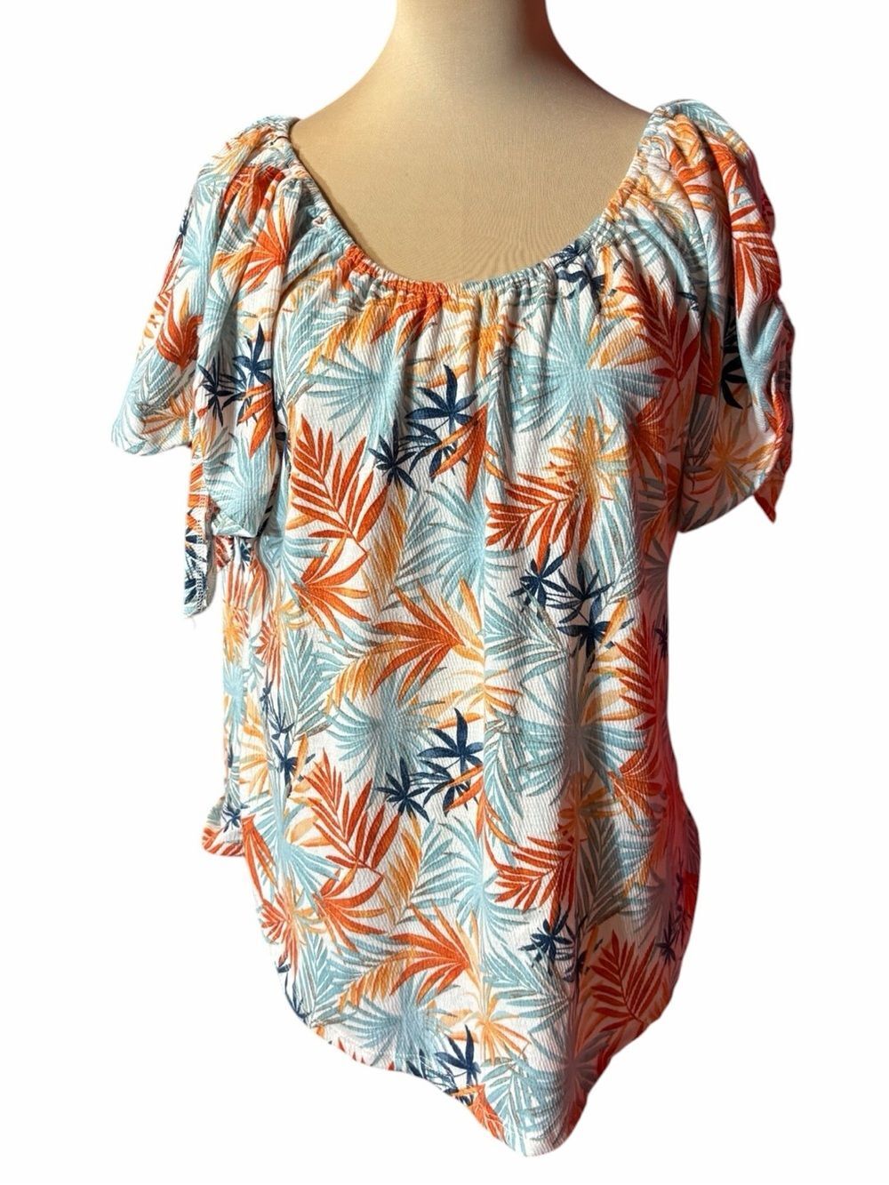 Cure Tropical Palm Print Off Shoulder Blouse Orange Blue Size M